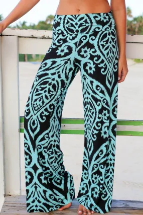 Black and Aqua Printed Palazzo Pants