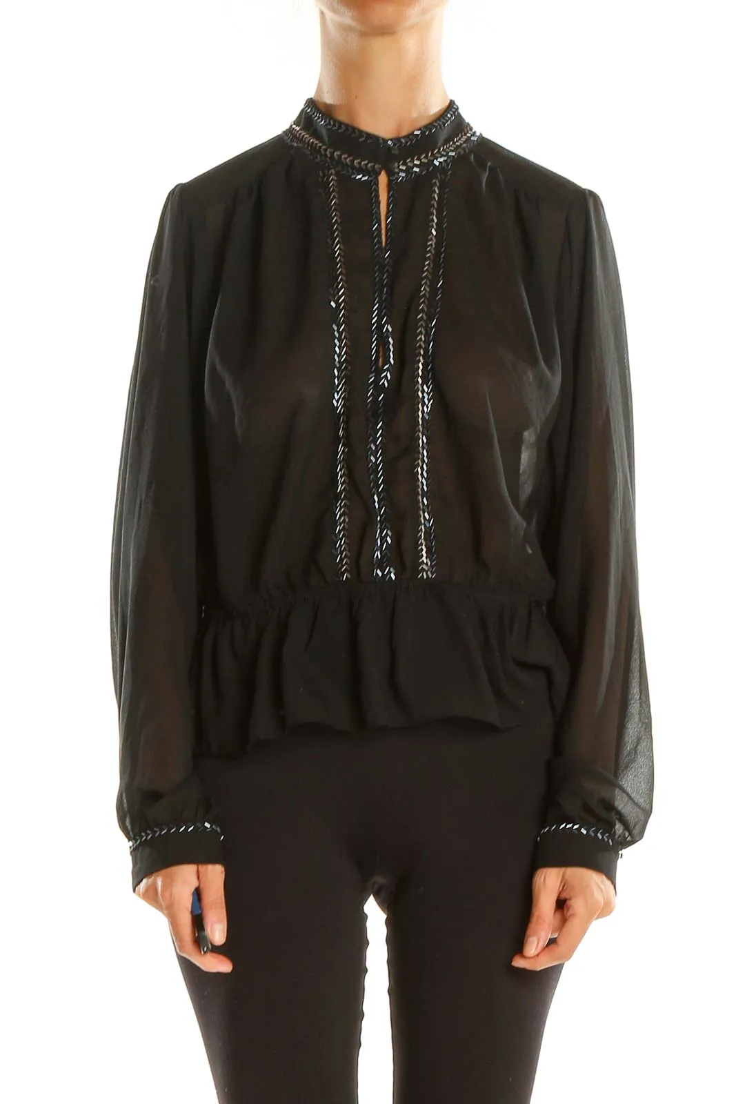 Black Sheer Embroidered Peplum Blouse