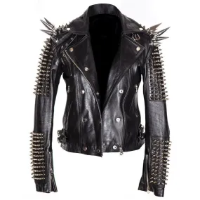 Buy Best Black Women Genuine Classical Punk Style Leather Jacket Large Spike Silver Studs