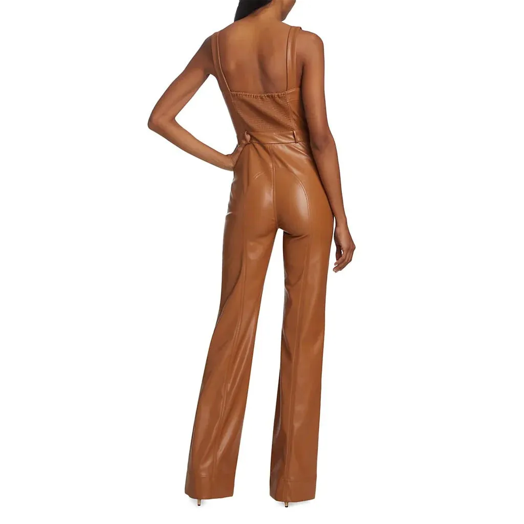 Camel Brown Buttoned Front Women Vegan Leather Jumpsuit - Classic and Sustainable