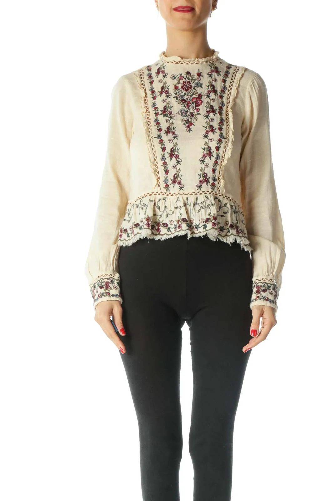 Cream Embroidered Peplum Top