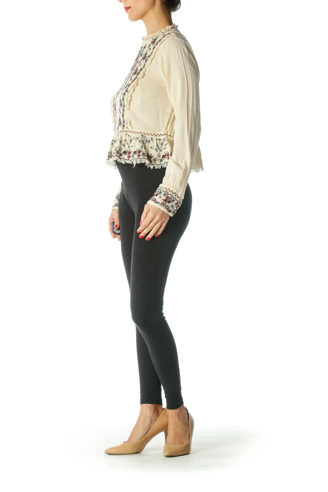 Cream Embroidered Peplum Top