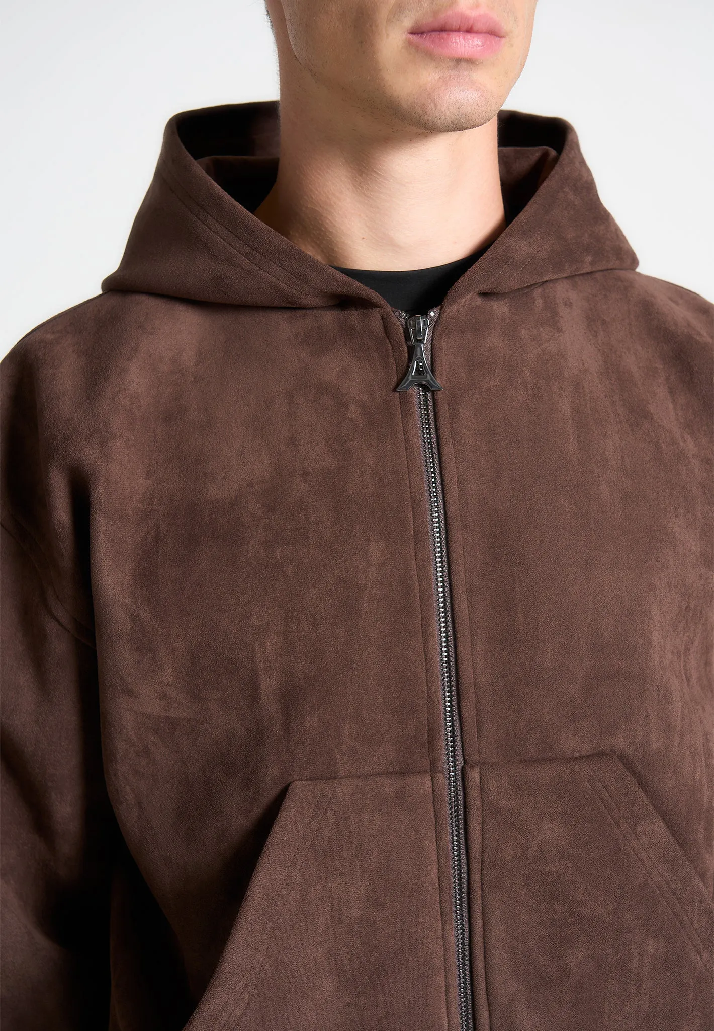 Cropped Suede Hoodie - Brown