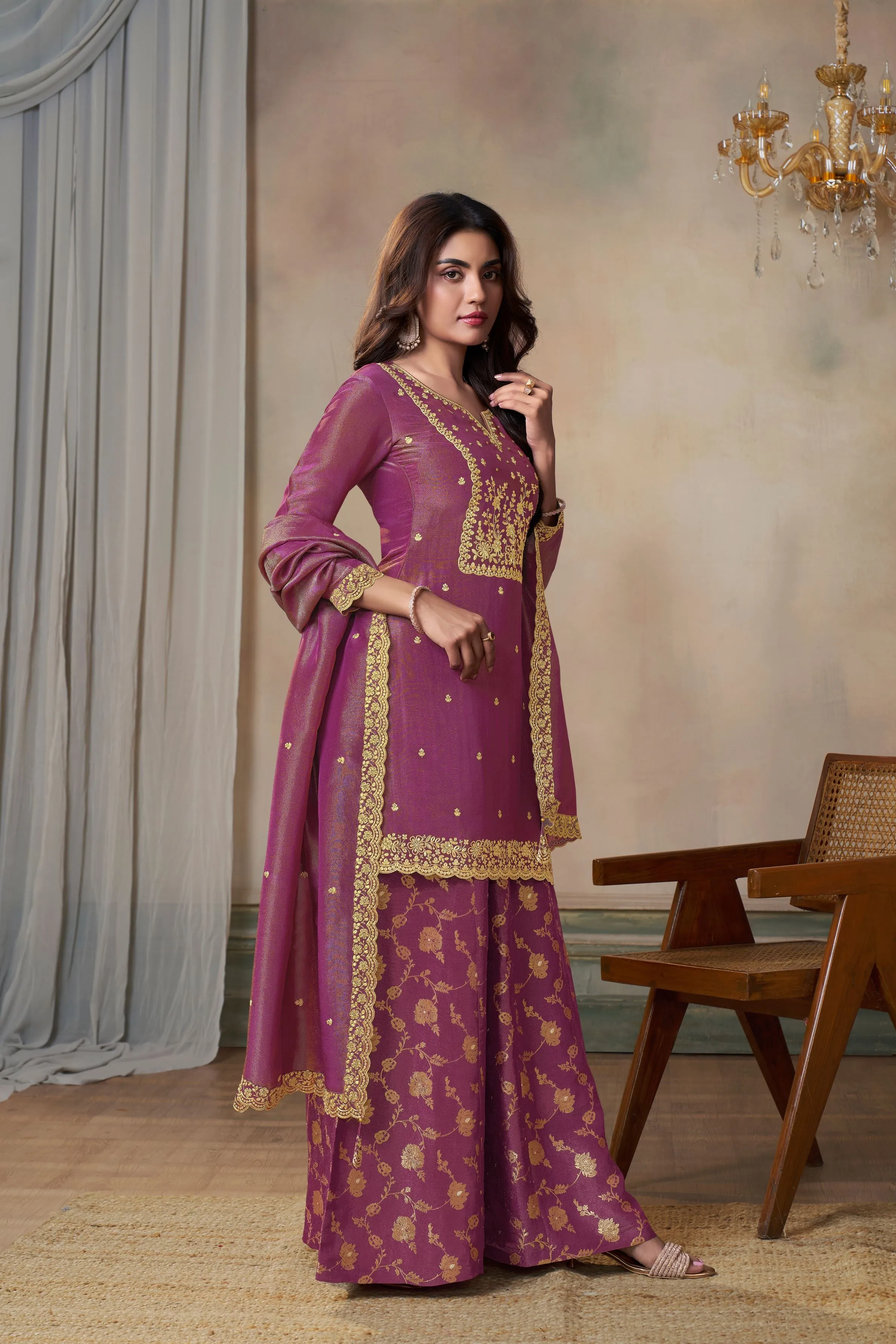 Deep Pink Banarasi Tissue Silk Palazzo Set