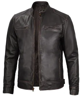 Dodge Mens Rub-off Dark Brown Leather Cafe Racer Jacket