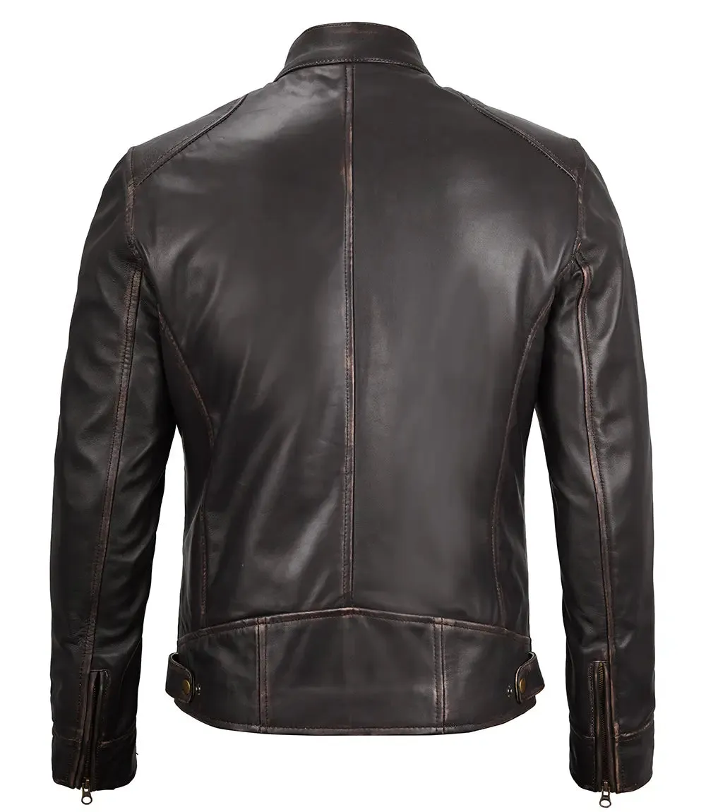 Dodge Mens Rub-off Dark Brown Leather Cafe Racer Jacket