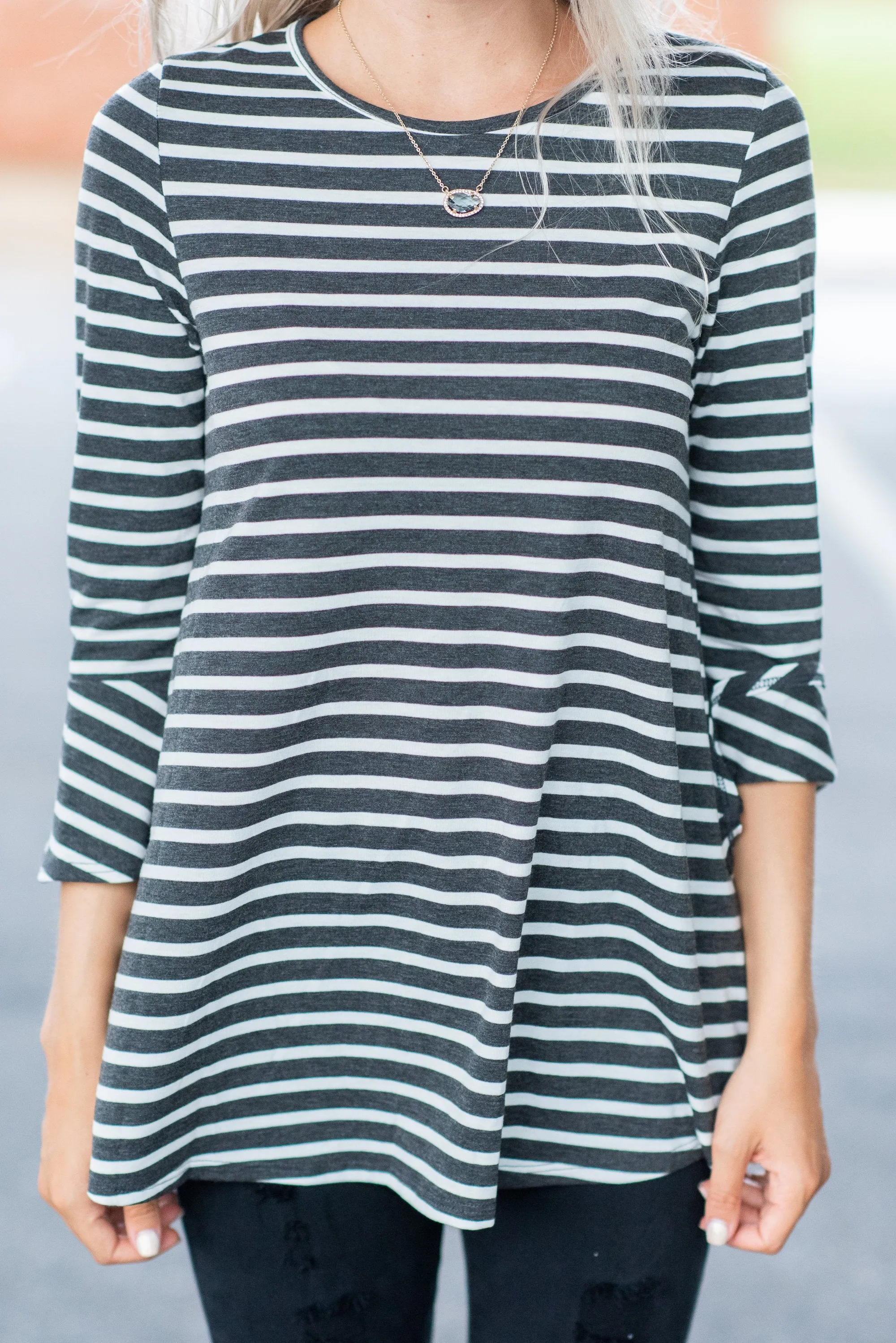 Easy To Love You Charcoal-Ivory Striped Top