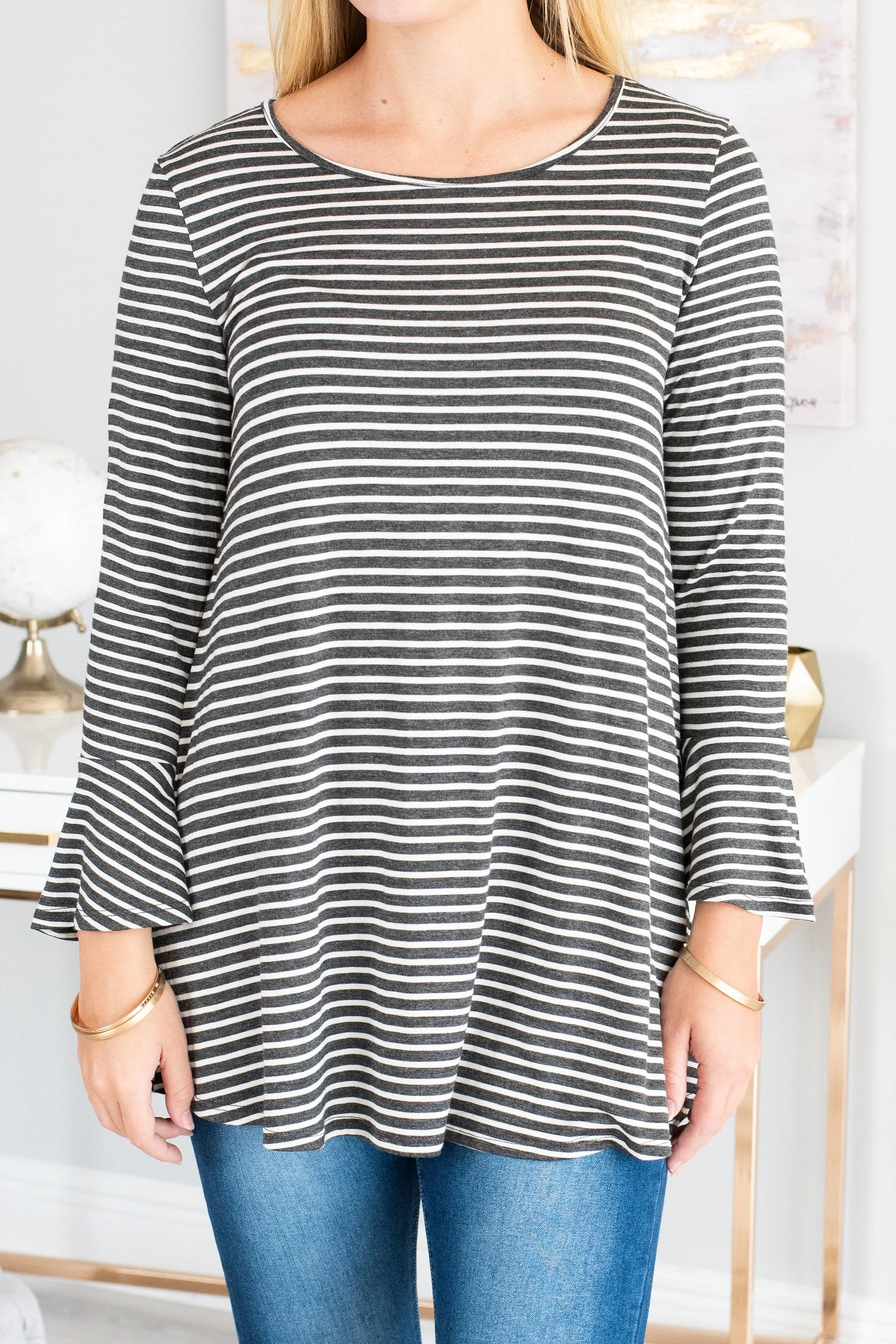 Easy To Love You Charcoal-Ivory Striped Top