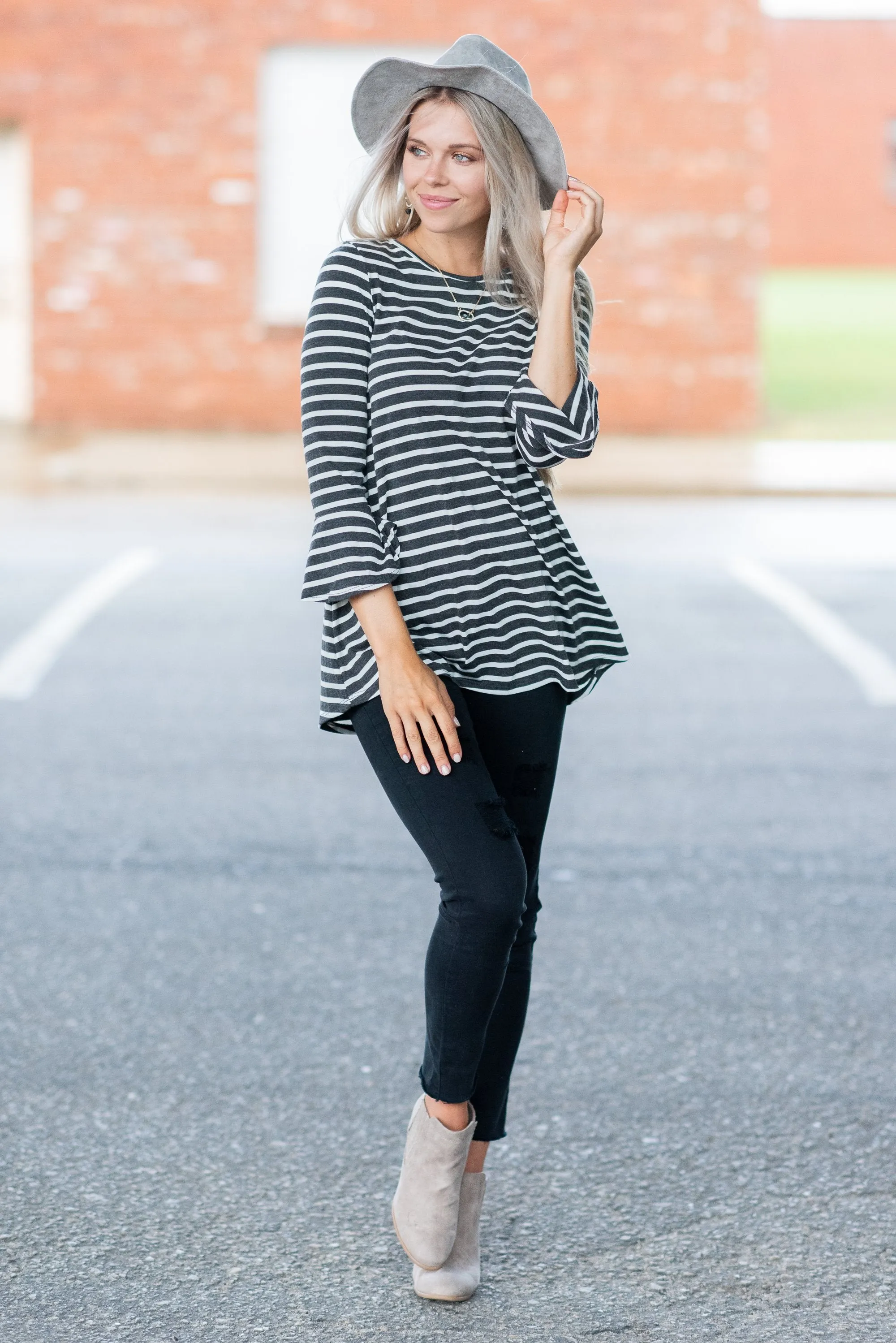 Easy To Love You Charcoal-Ivory Striped Top