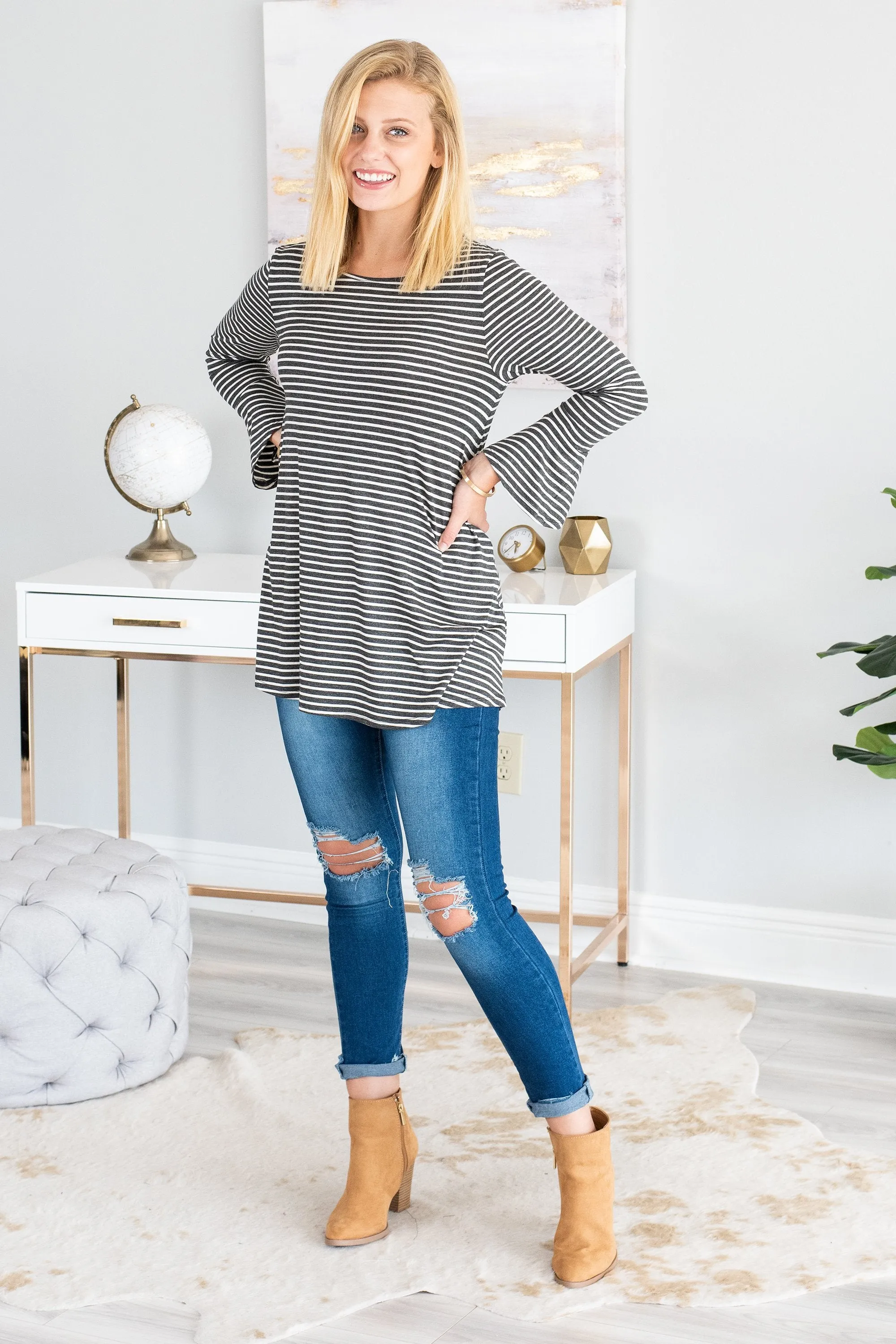 Easy To Love You Charcoal-Ivory Striped Top