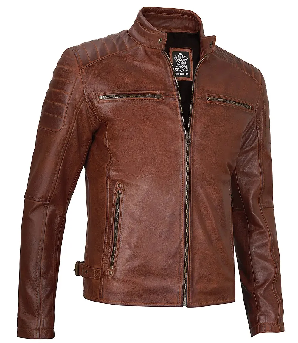 Felix Cognac Brown Cafe Racer Leather Jacket