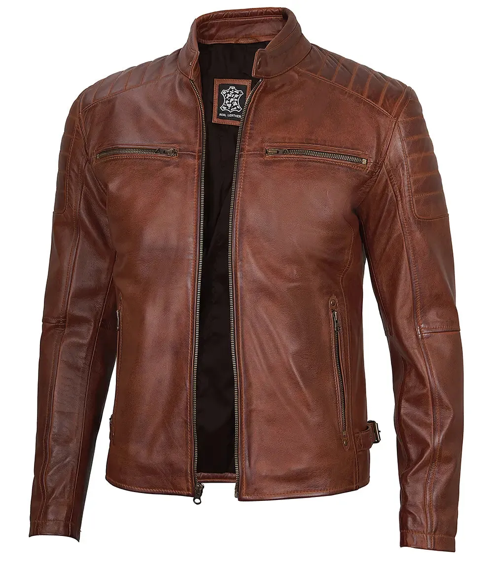 Felix Cognac Brown Cafe Racer Leather Jacket