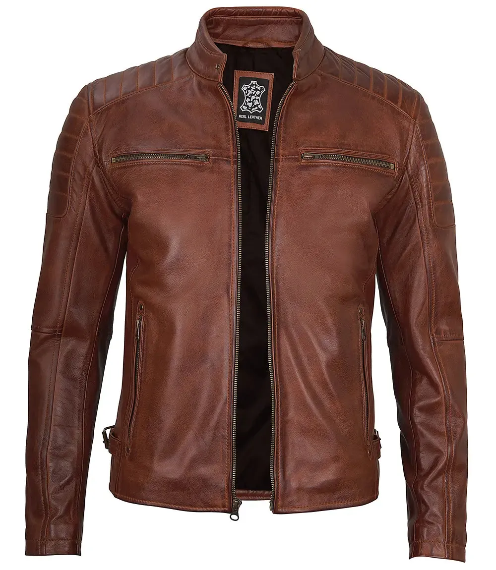 Felix Cognac Brown Cafe Racer Leather Jacket