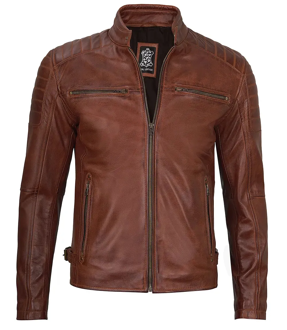 Felix Cognac Brown Cafe Racer Leather Jacket