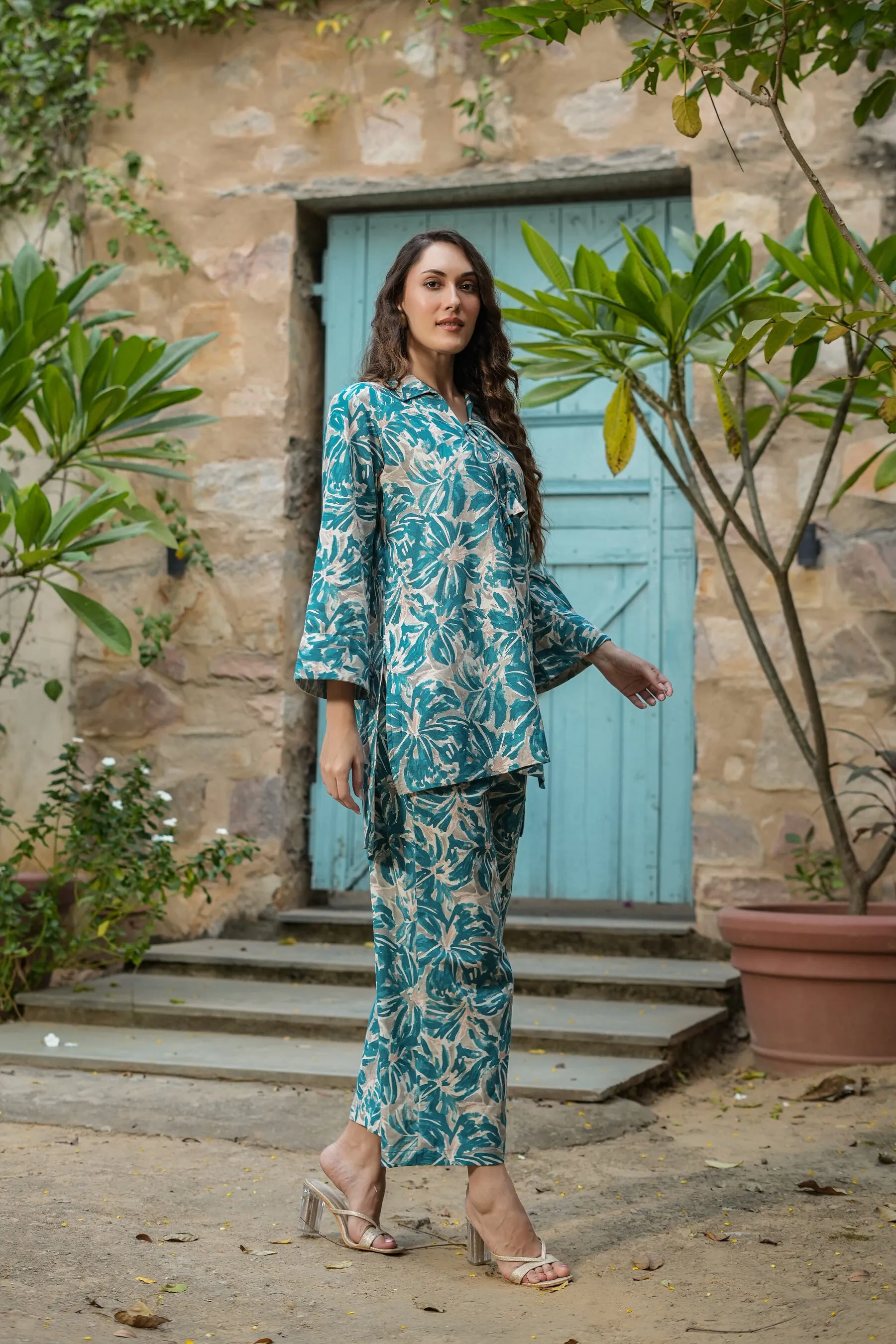 Floral Filigree Cotton Palazzo Loungewear Set