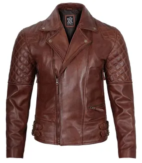 Frisco Mens Distressed Brown Quilted Asymmetrical Leather Biker Jacket