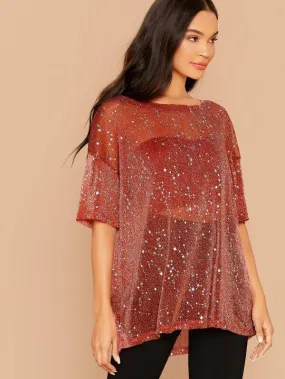 Glitter Galaxy Print Sheer Mesh Longline Tee