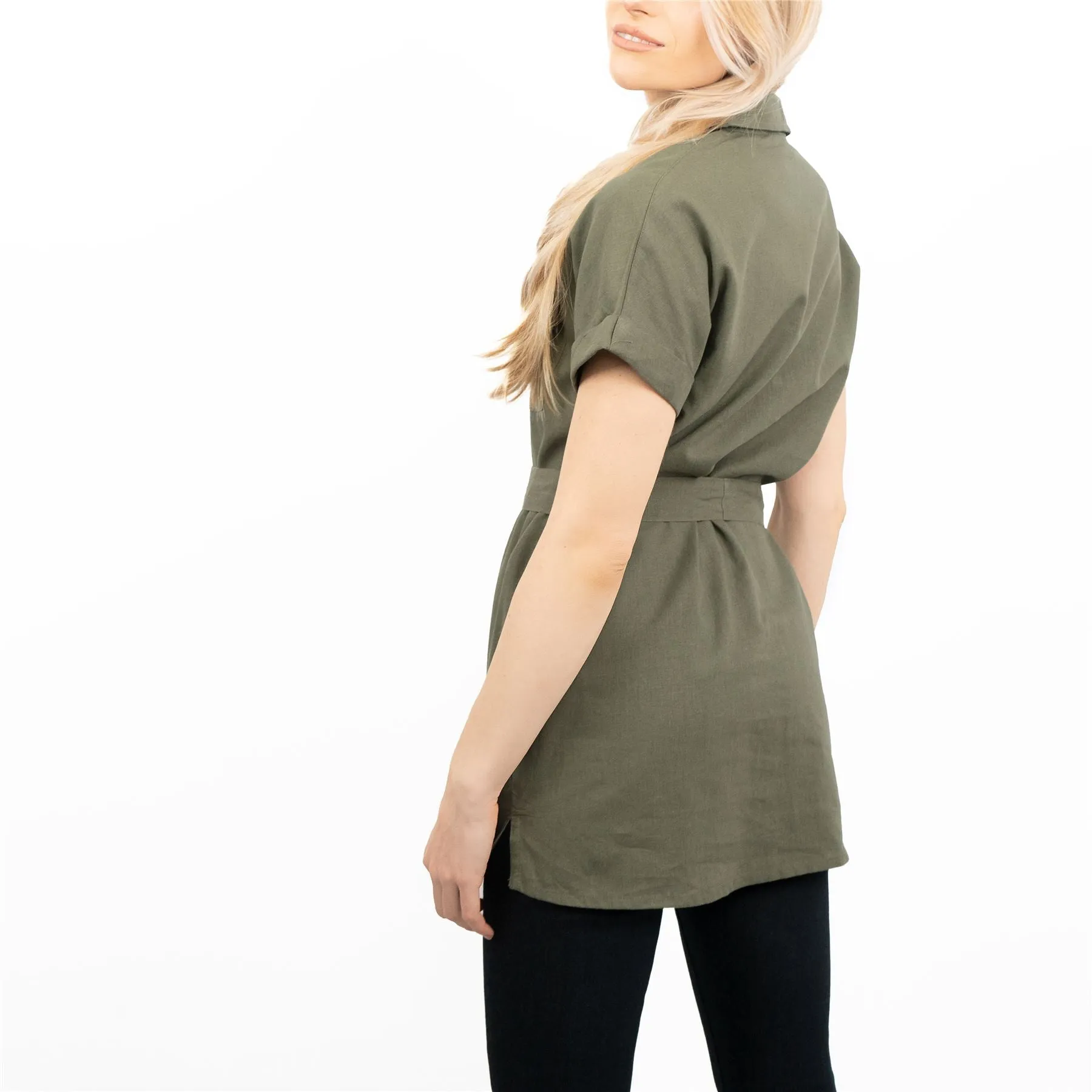 Khaki Green Short Sleeve Longline Shirts Utility Style Women's Tops