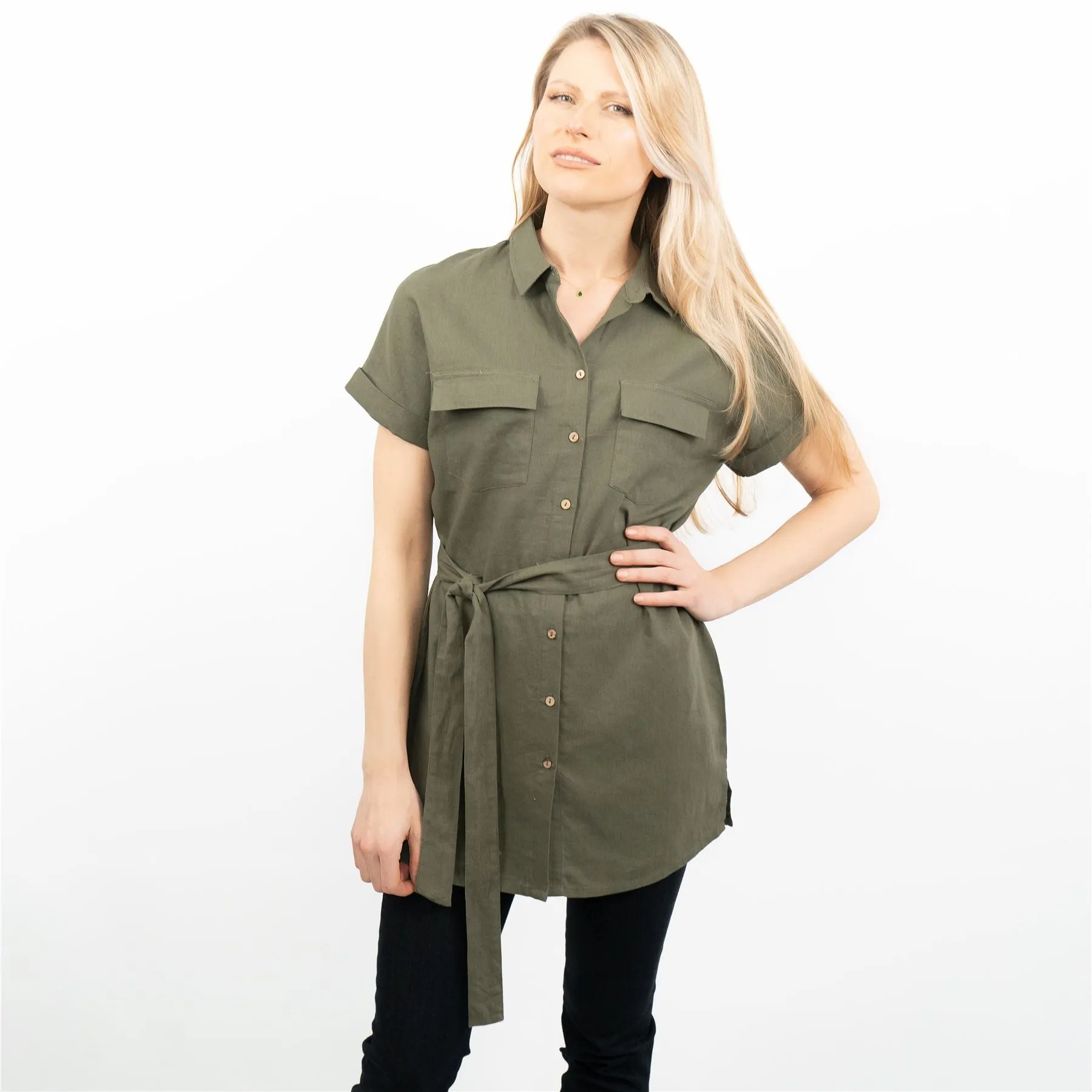 Khaki Green Short Sleeve Longline Shirts Utility Style Women's Tops