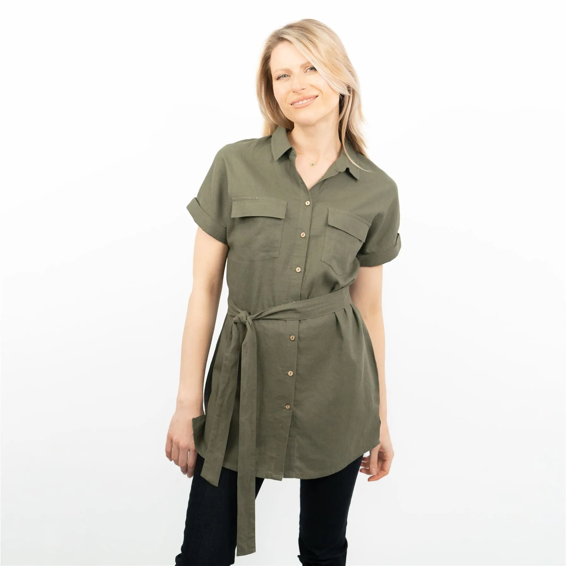 Khaki Green Short Sleeve Longline Shirts Utility Style Women's Tops