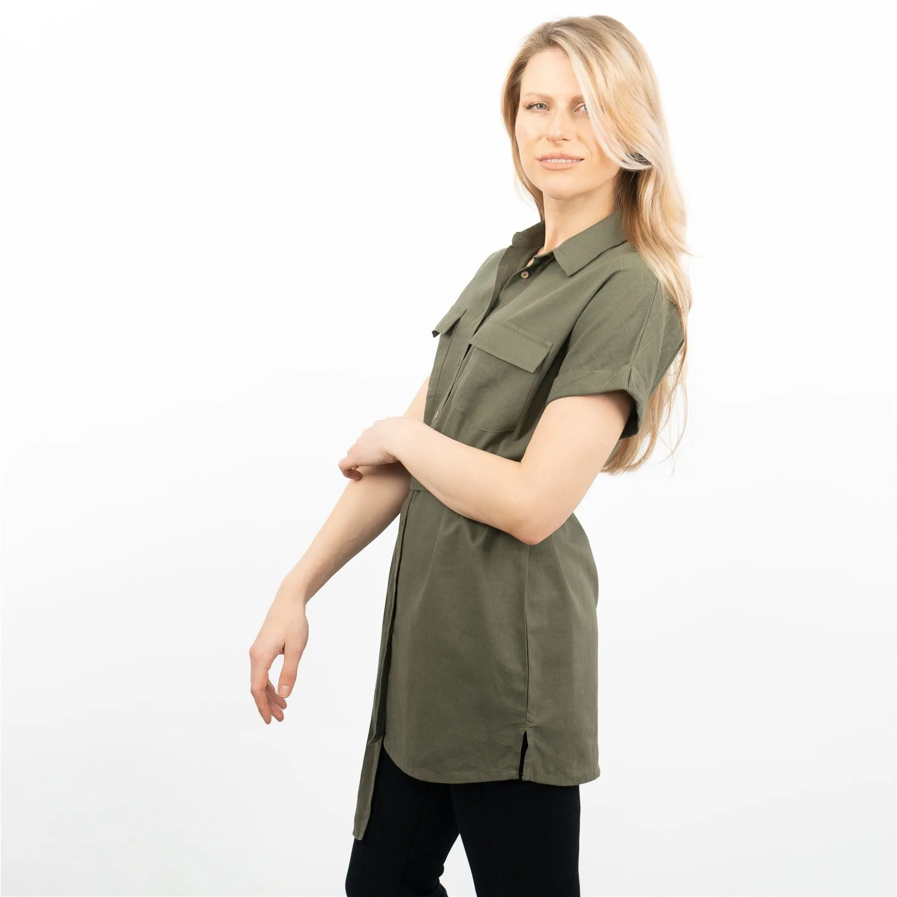 Khaki Green Short Sleeve Longline Shirts Utility Style Women's Tops