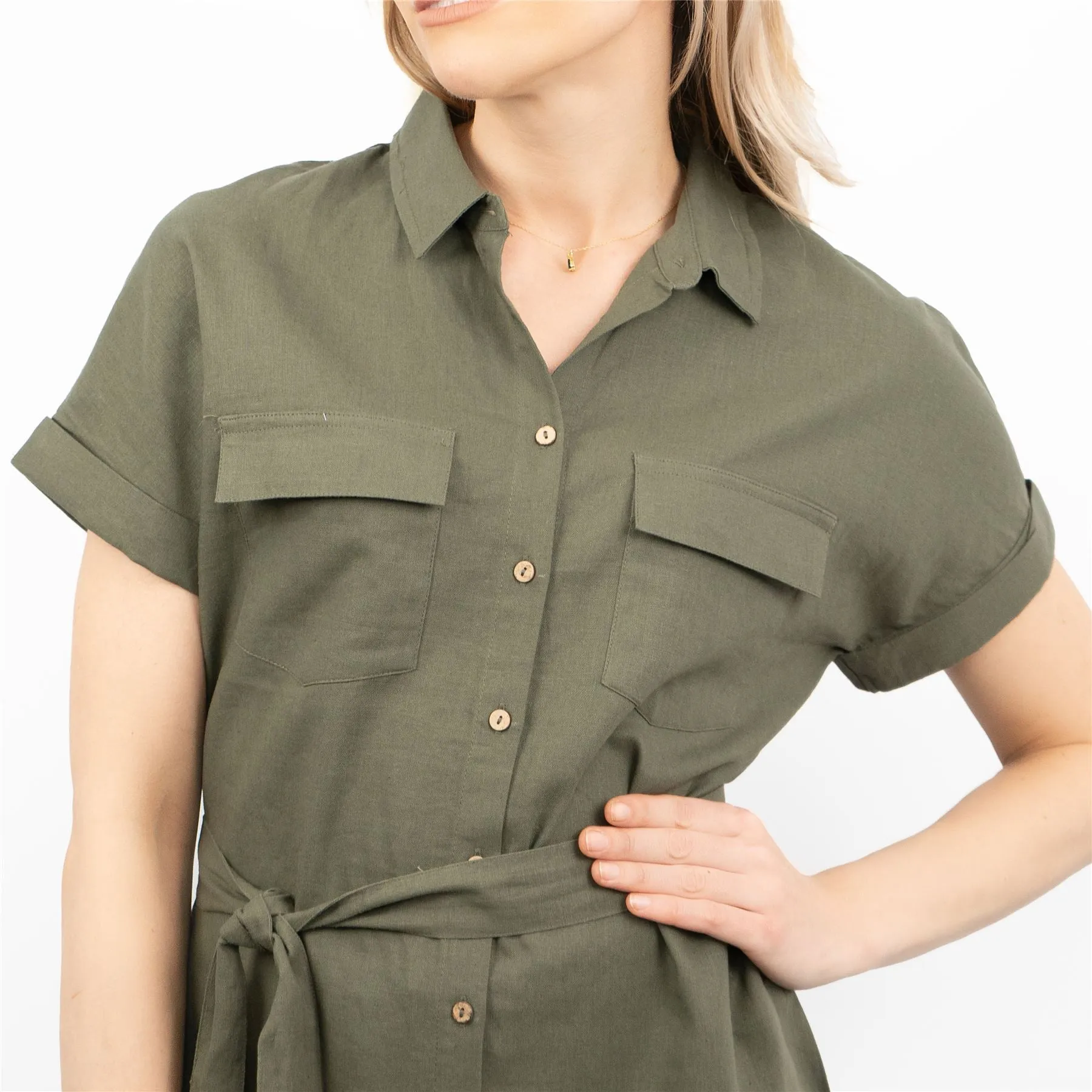 Khaki Green Short Sleeve Longline Shirts Utility Style Women's Tops