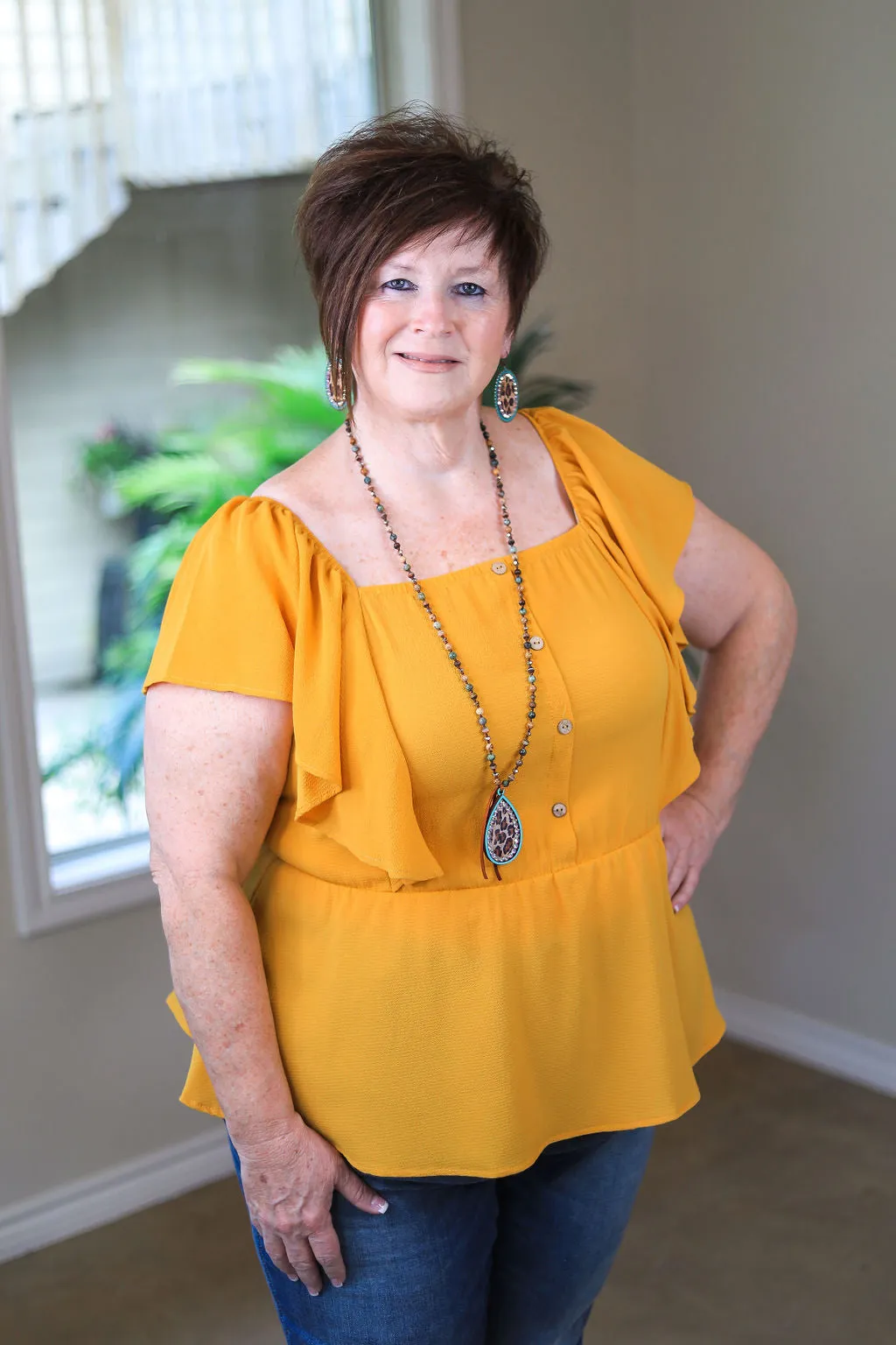 Last Chance Size 3XL | Resounding Success Peplum Top with Button Detail in Mustard Yellow