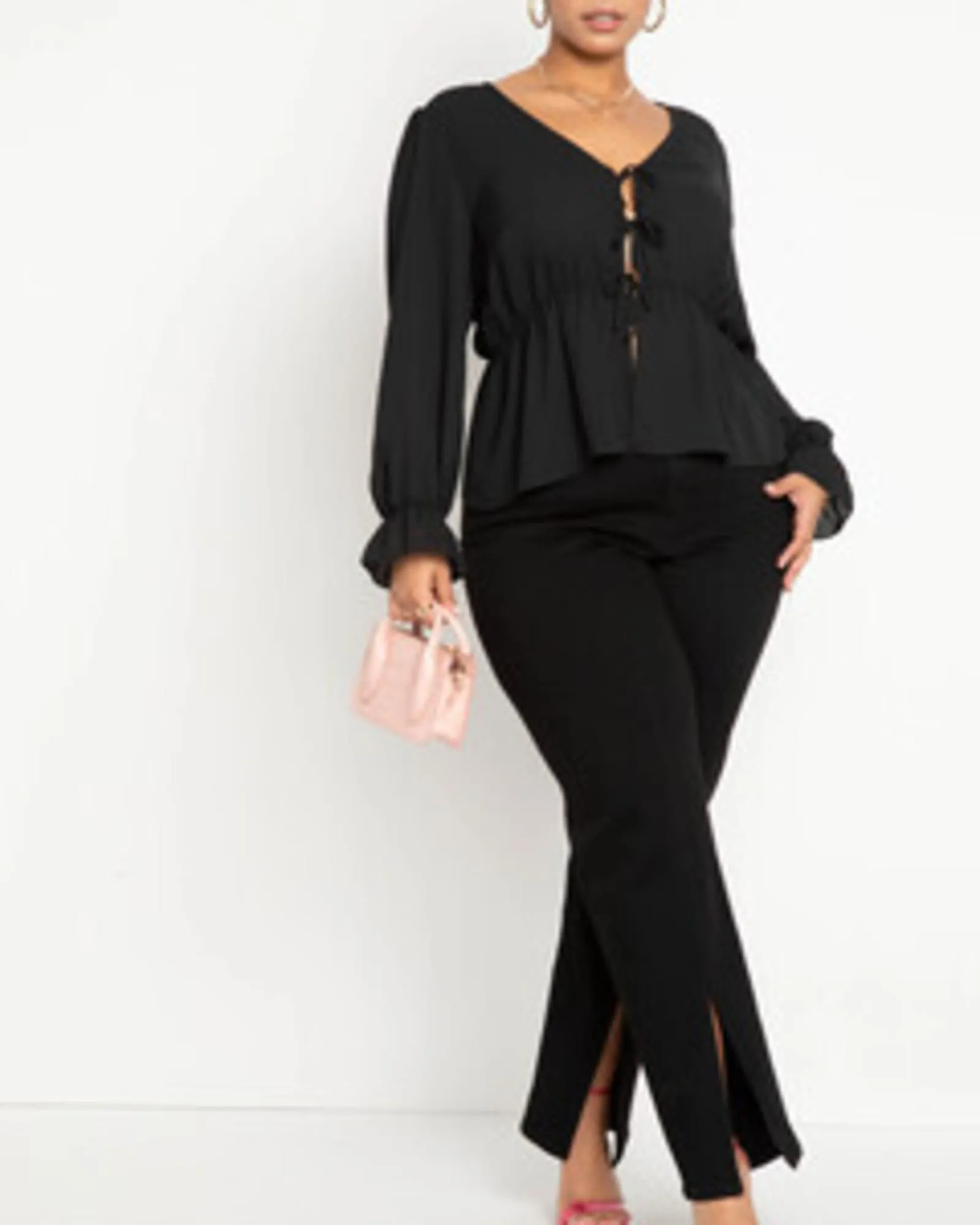 Marg Tie Front Peplum Blouse | Totally Black