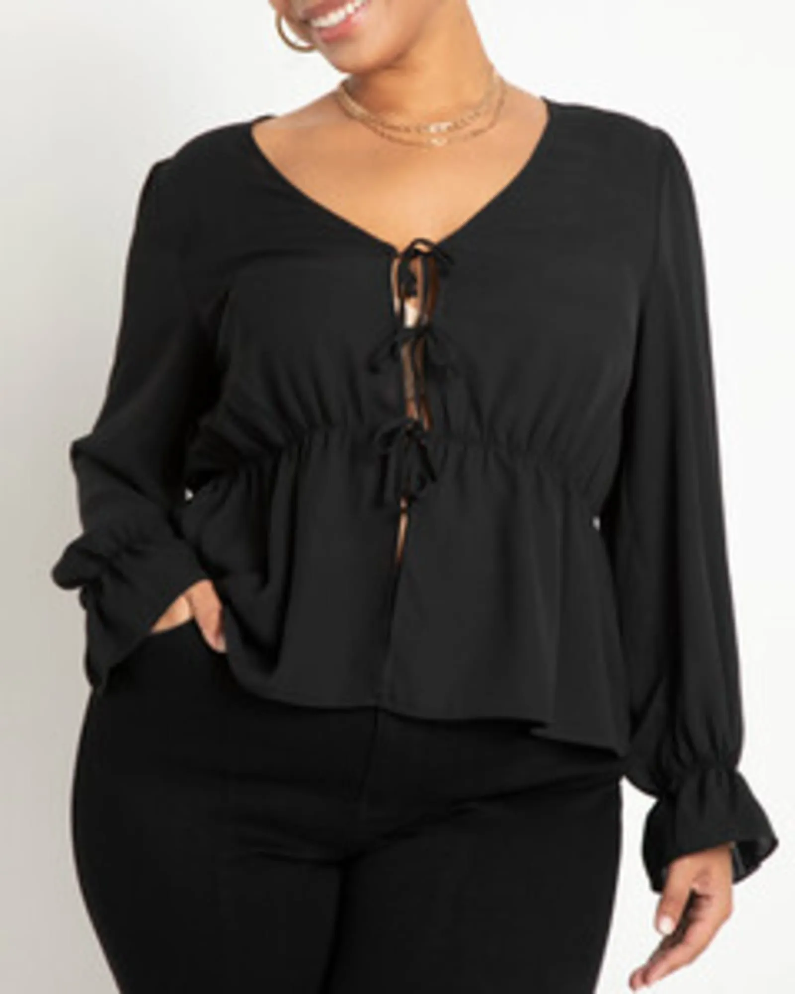 Marg Tie Front Peplum Blouse | Totally Black