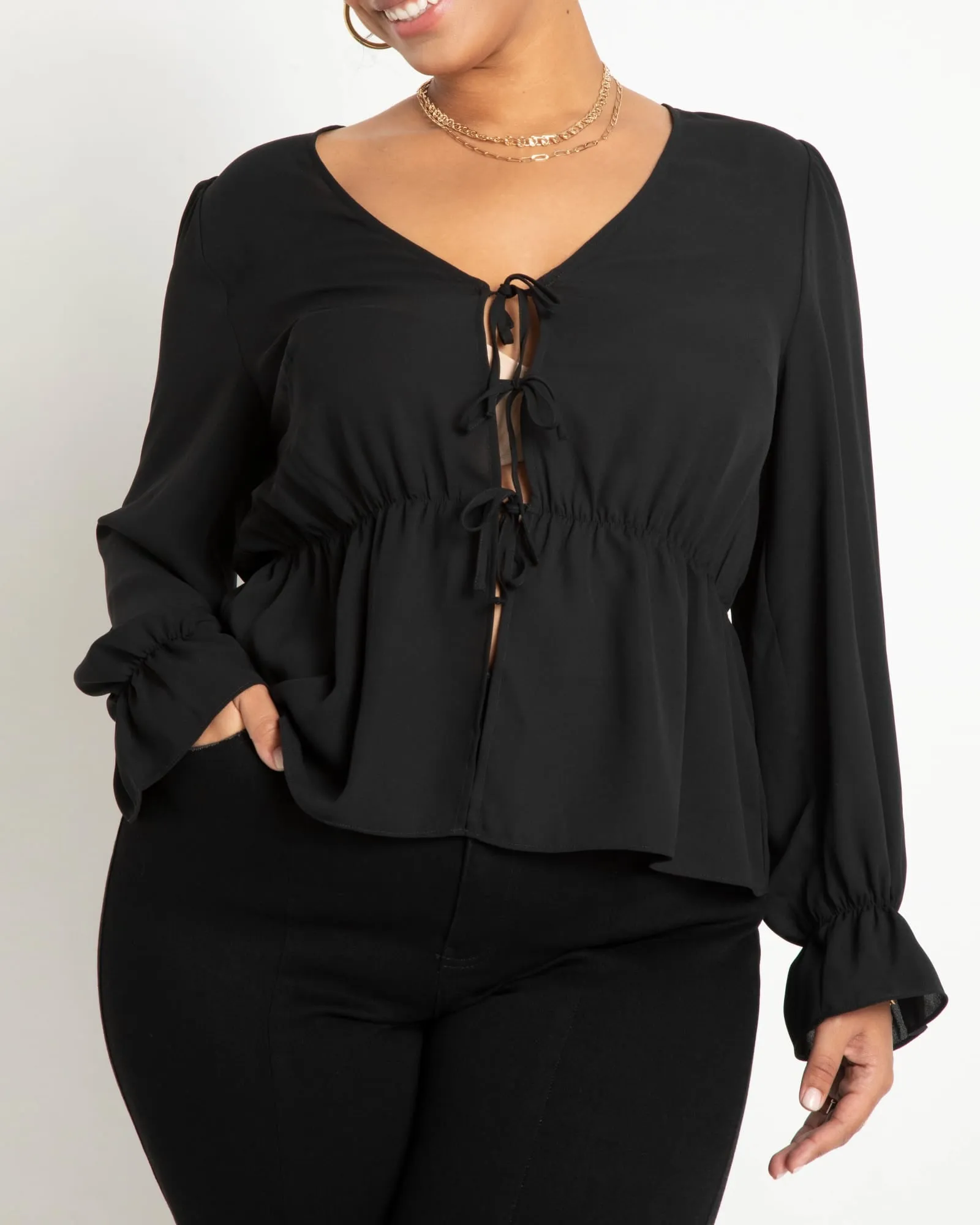 Marg Tie Front Peplum Blouse | Totally Black