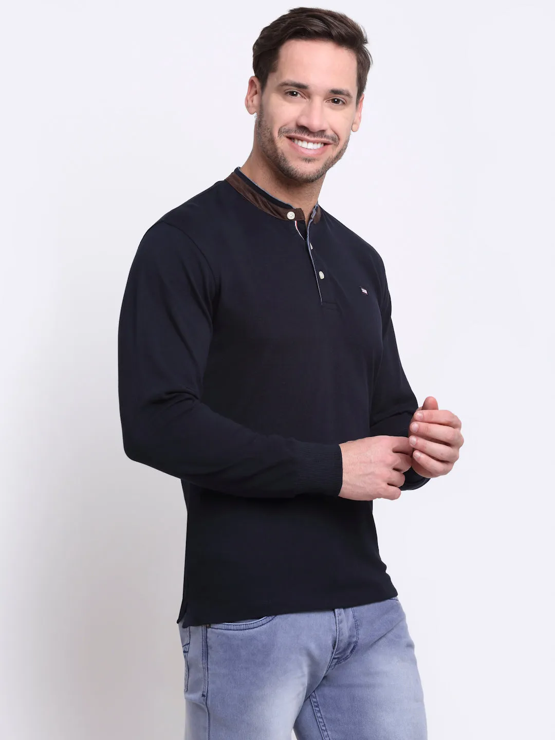 Men  Band Collar Full Sleeves Winter Wear Navy T-Shirt