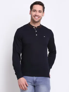 Men  Band Collar Full Sleeves Winter Wear Navy T-Shirt