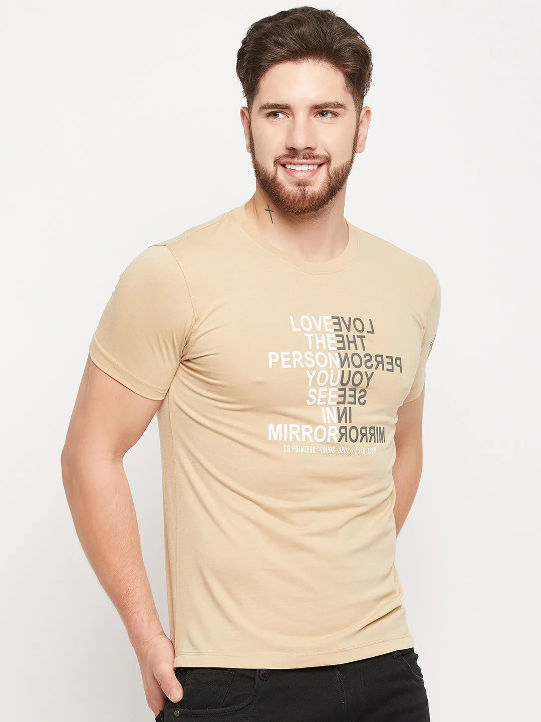 Men Beige Round Neck T-Shirt