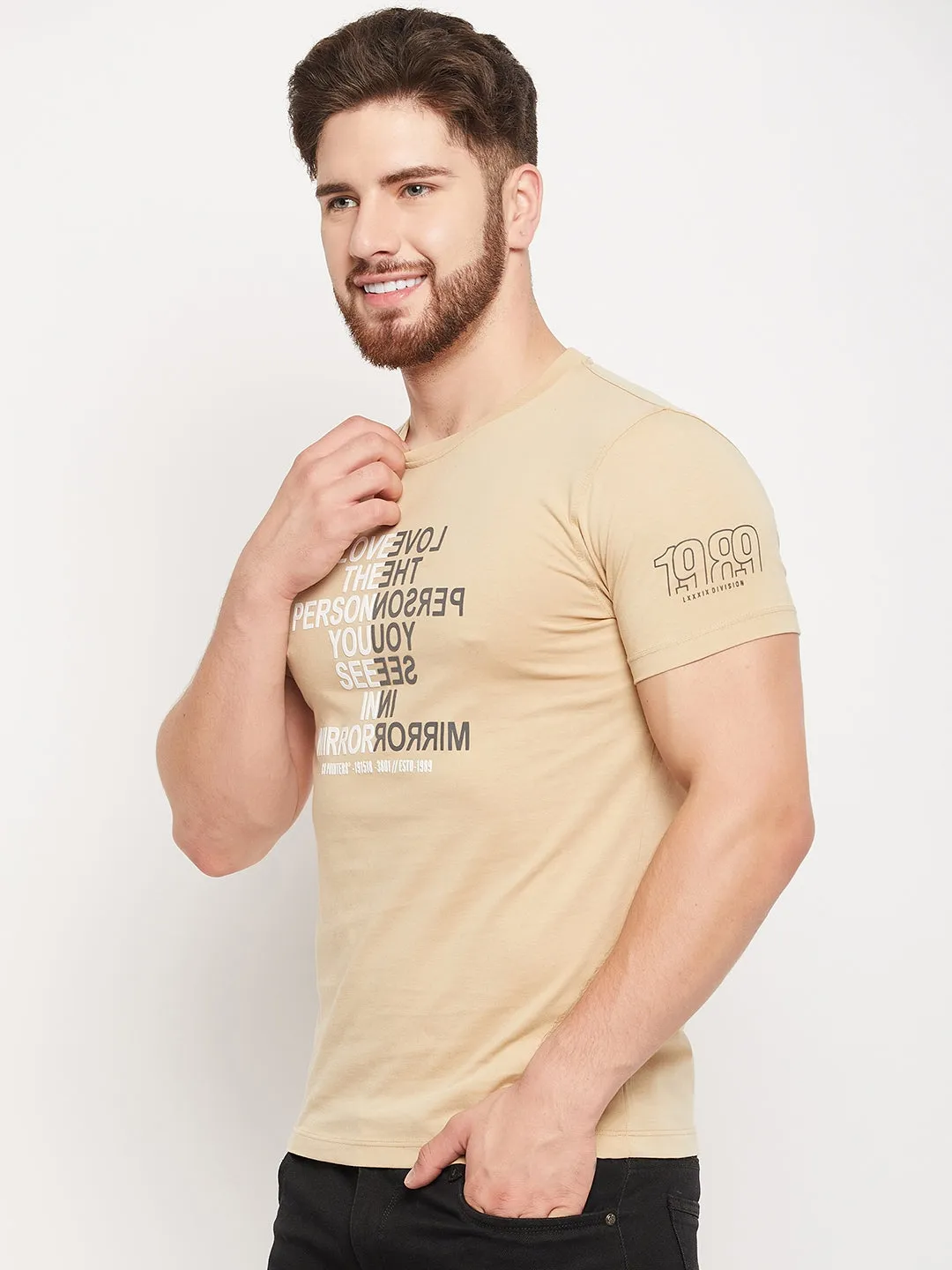 Men Beige Round Neck T-Shirt