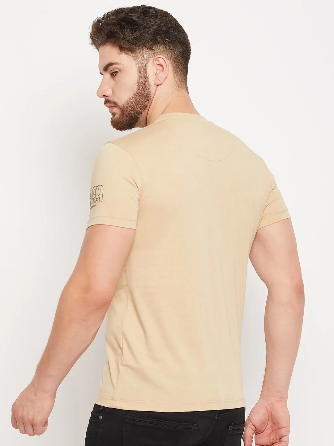 Men Beige Round Neck T-Shirt