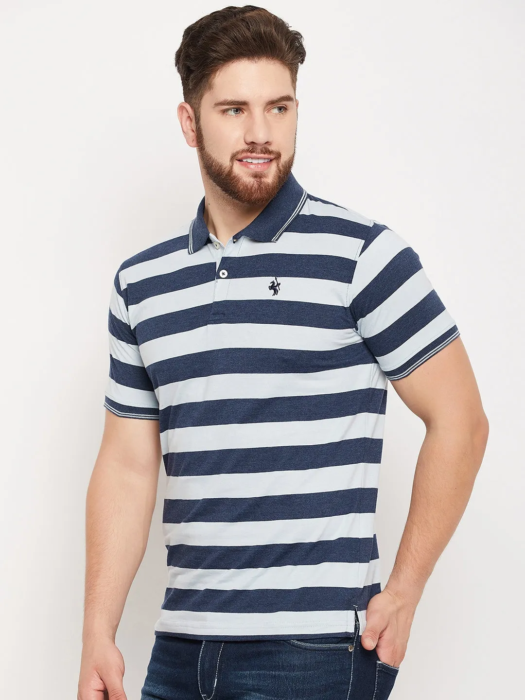 Men Blue Melange Polo T-Shirt