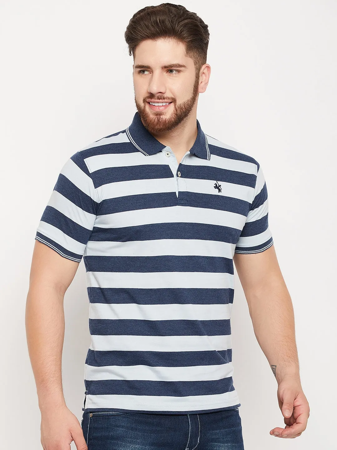 Men Blue Melange Polo T-Shirt