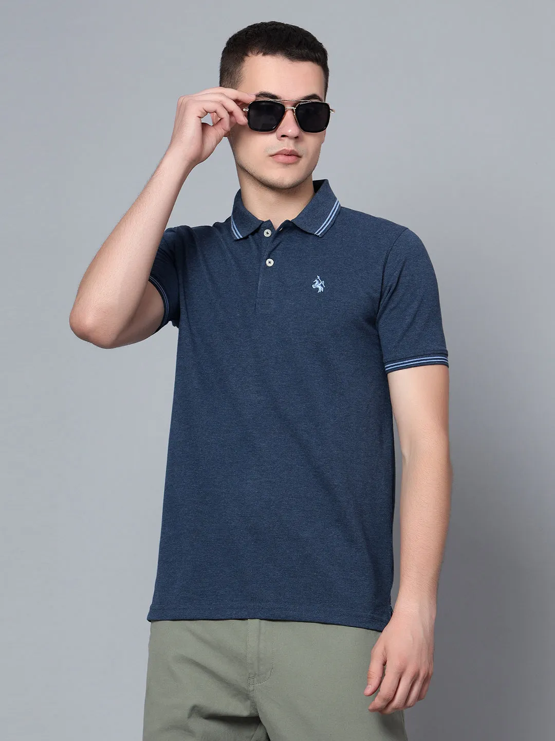 Men Navy Mélange Polo T-Shirt