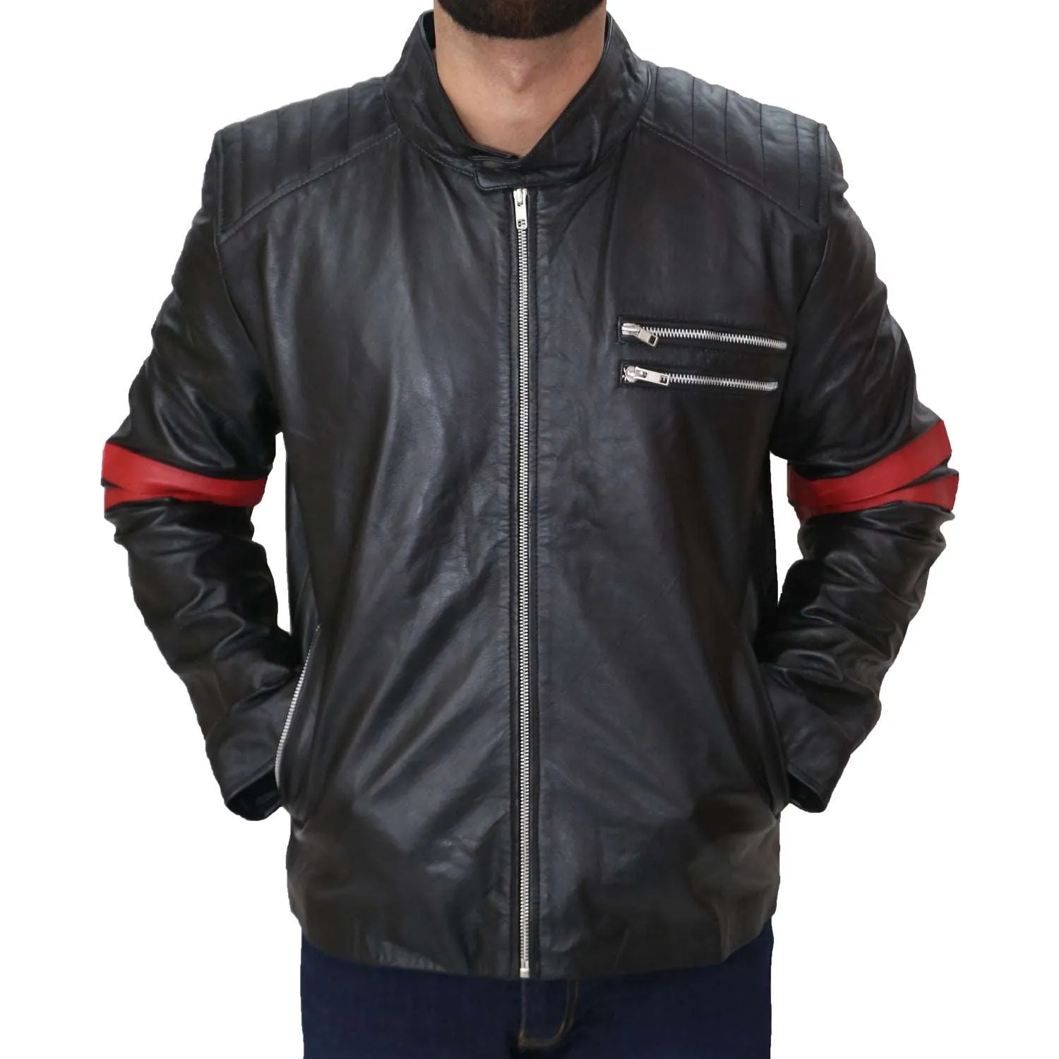 Men's Black Cafe Racer Red Strip Lambskin Leather Jacket