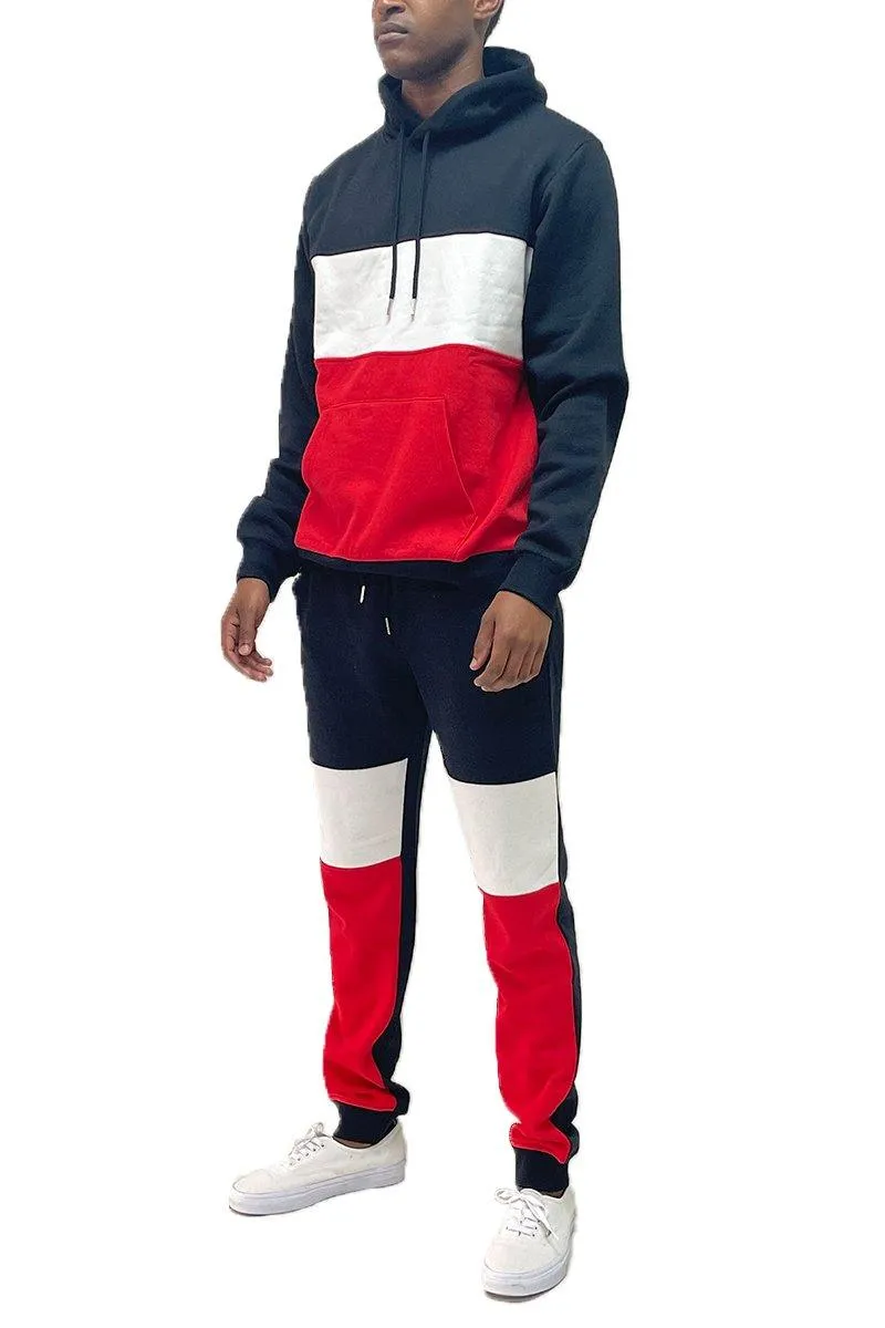 Mens Black Red Color Block Pullover Hoodie Sweat Pants Set