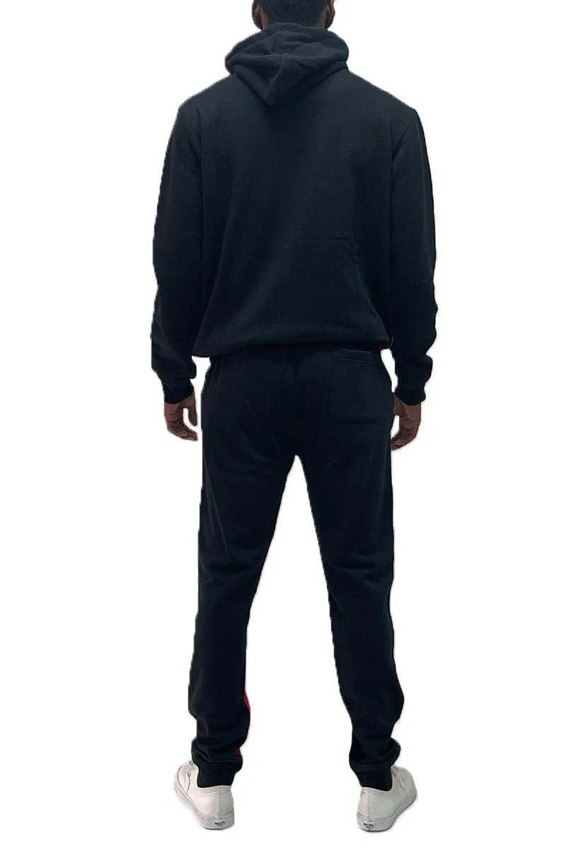 Mens Black Red Color Block Pullover Hoodie Sweat Pants Set