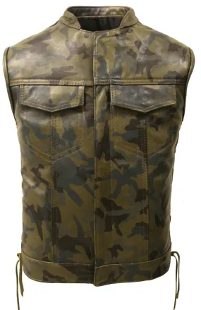 Men's Made in USA Leather Camouflage Biker Vest With Gun Pockets