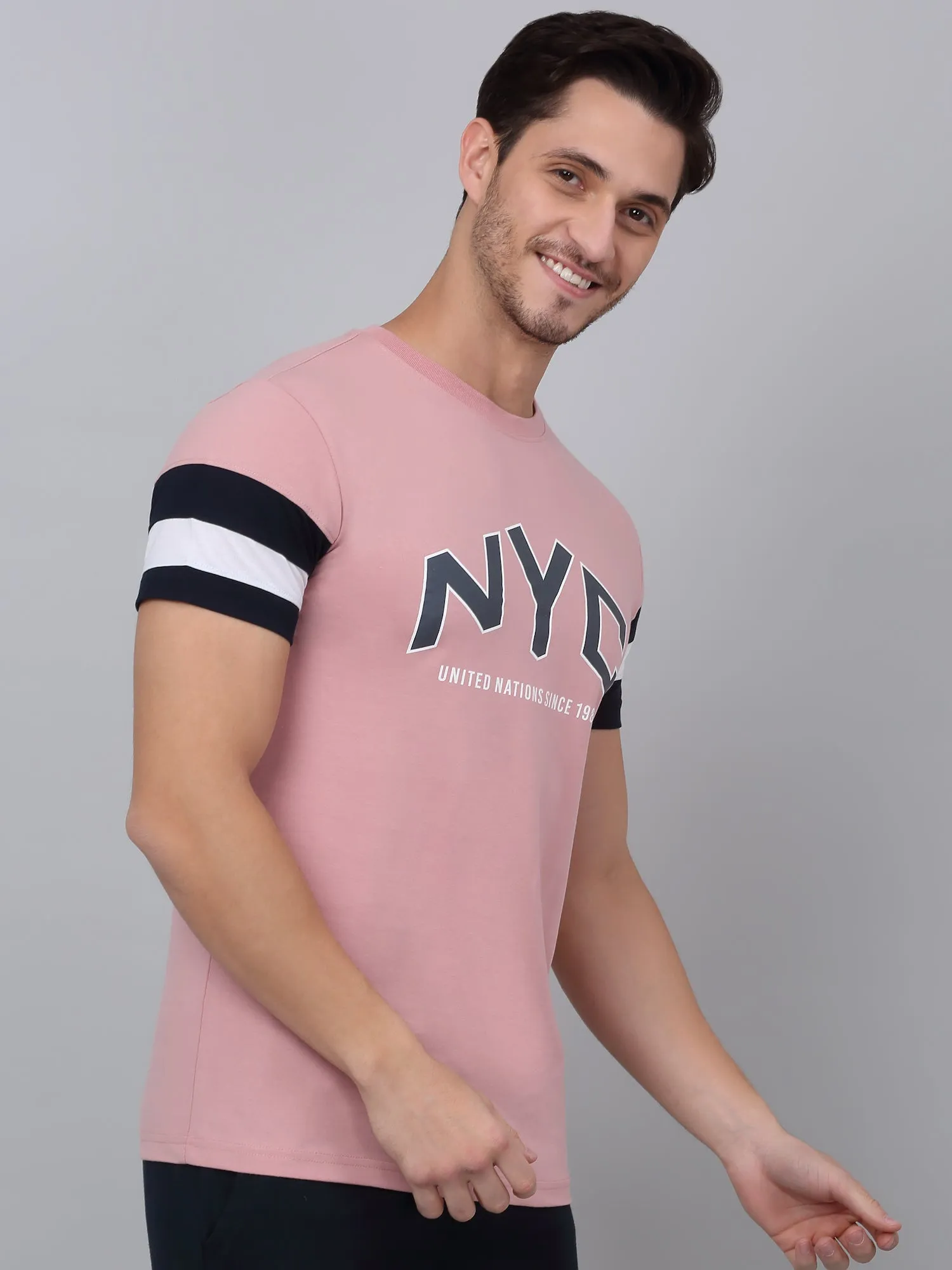 Men's Pink Printed Round Neck T-shirt