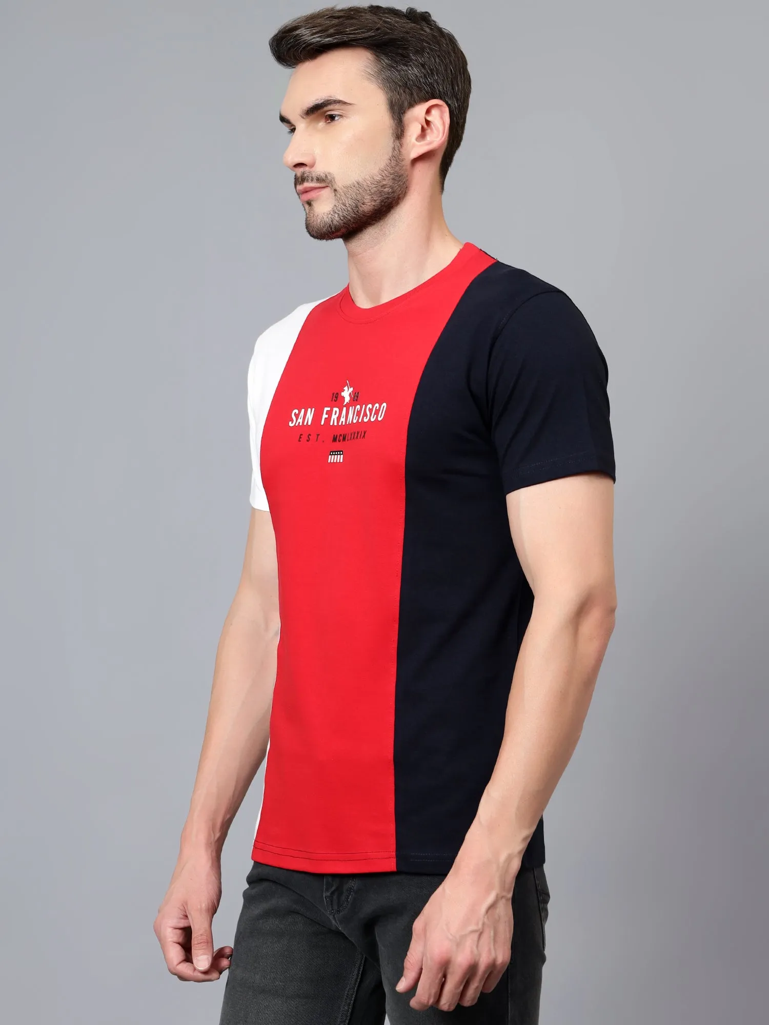 Men's Red Color Blocked Round Neck Half Sleeve T-shirt