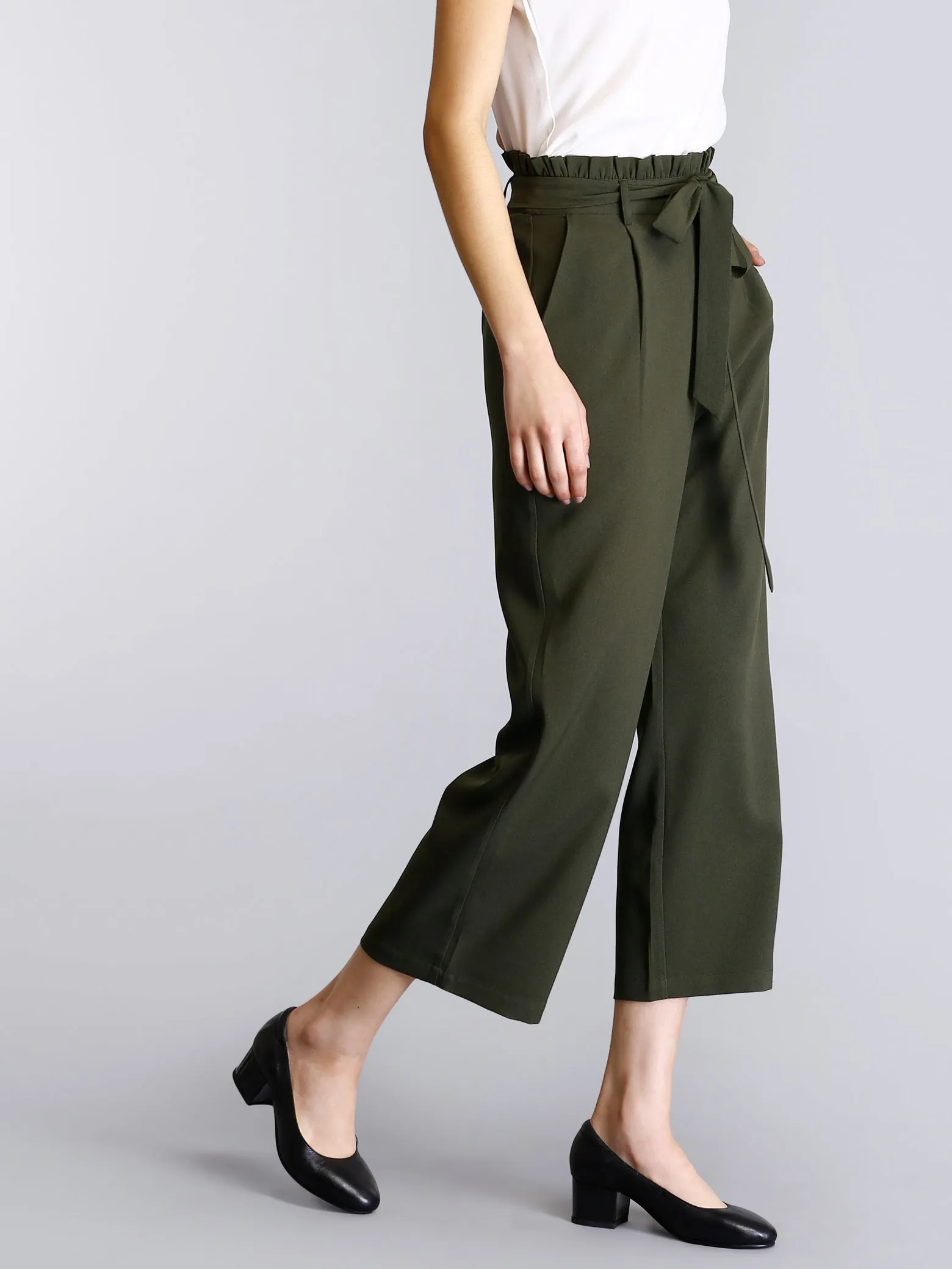 Paperbag Waist Tie Up Pants - Olive