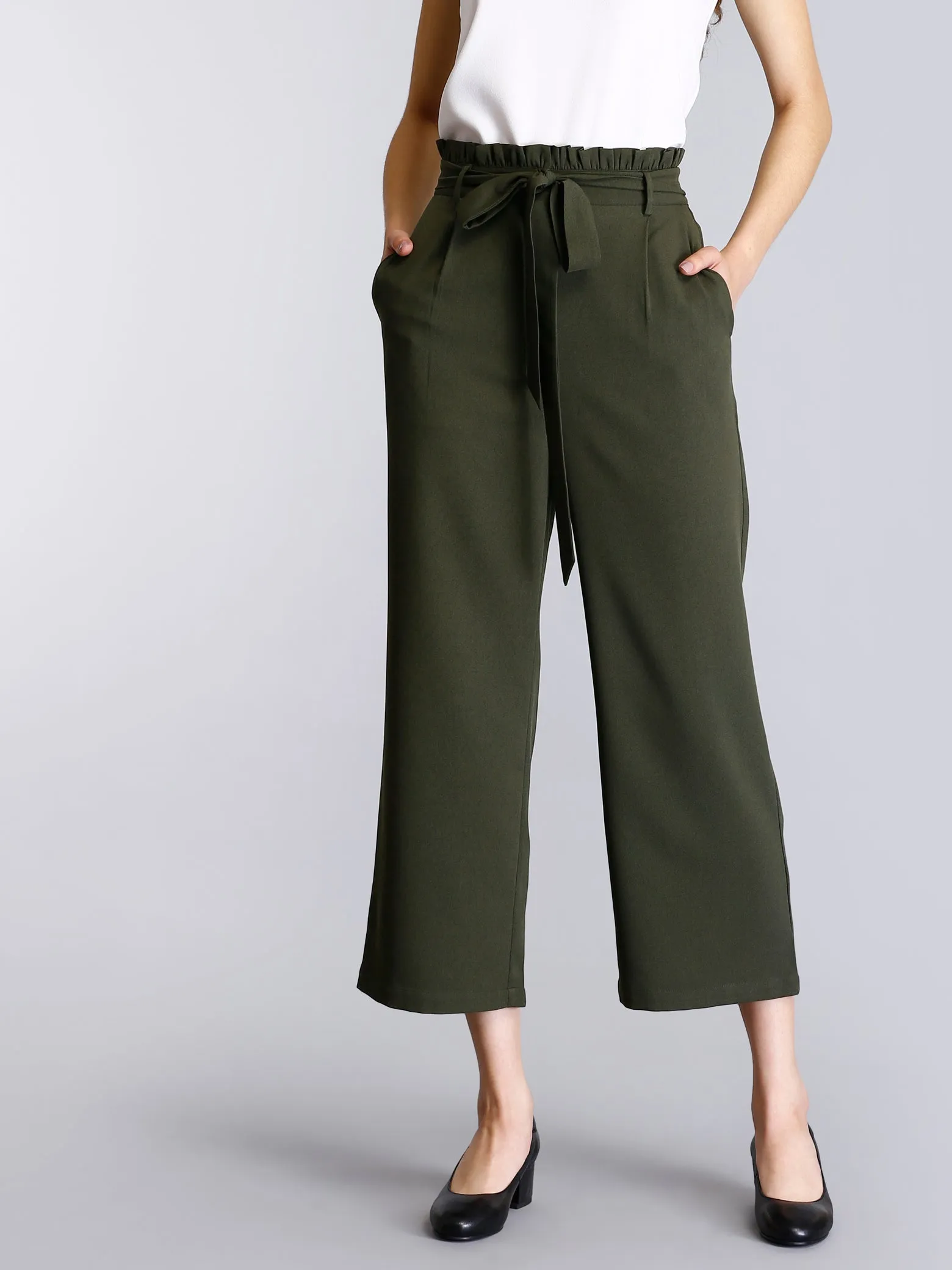 Paperbag Waist Tie Up Pants - Olive