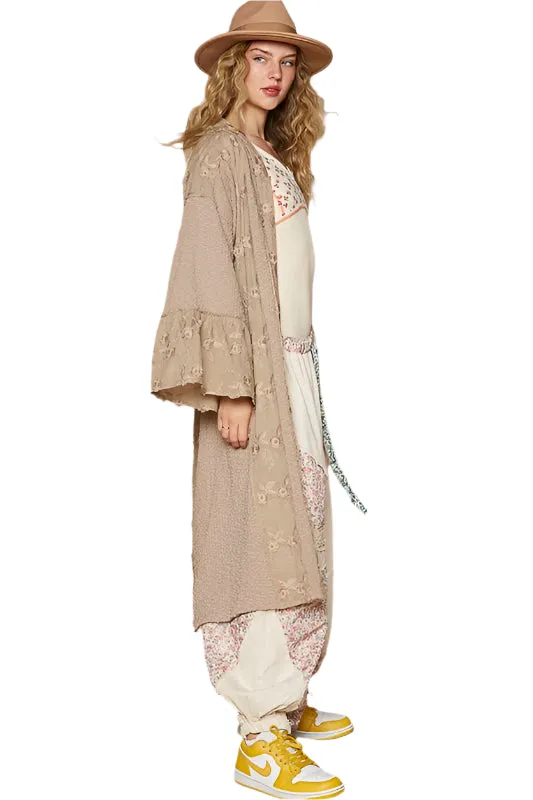 POL Flower Lace Trim Open Front Longline Cardigan