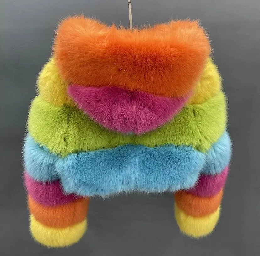 Rainbow Multicolour Cropped Hooded Faux Fur Jacket