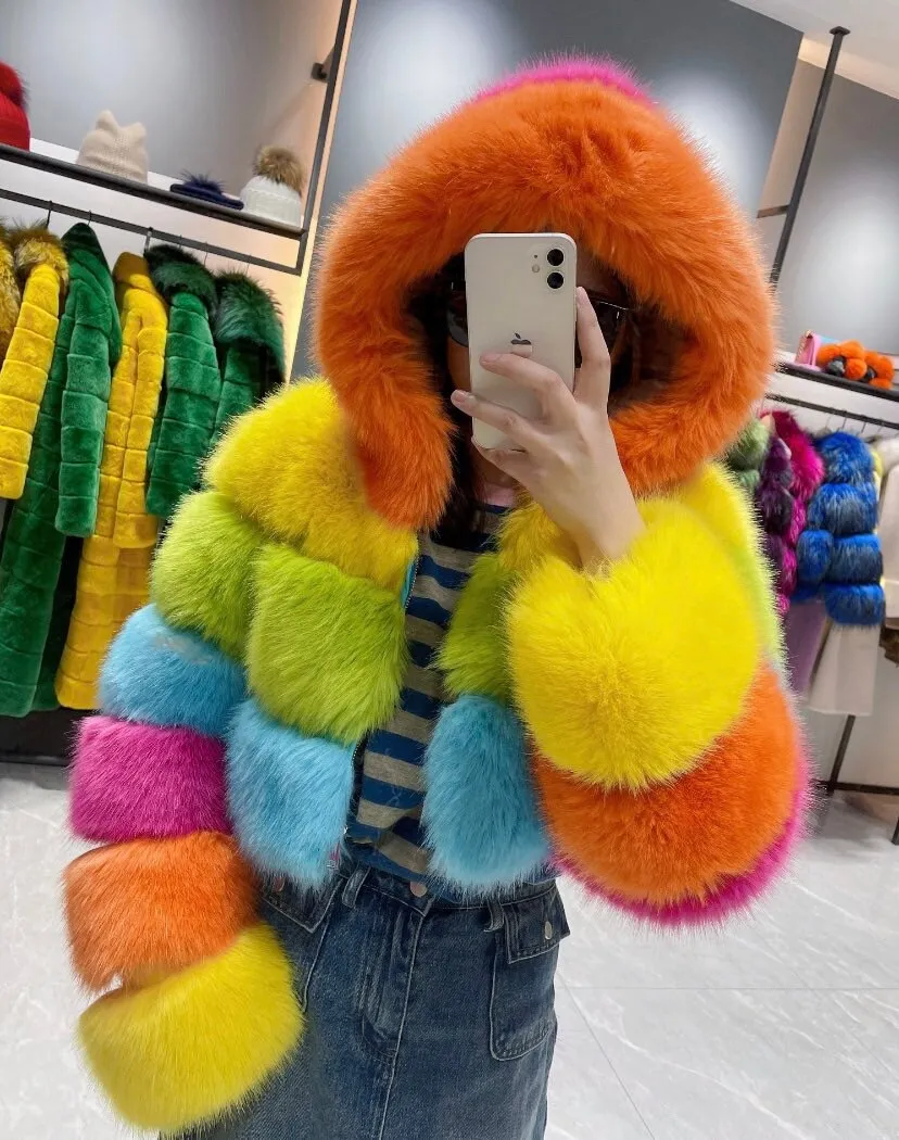 Rainbow Multicolour Cropped Hooded Faux Fur Jacket