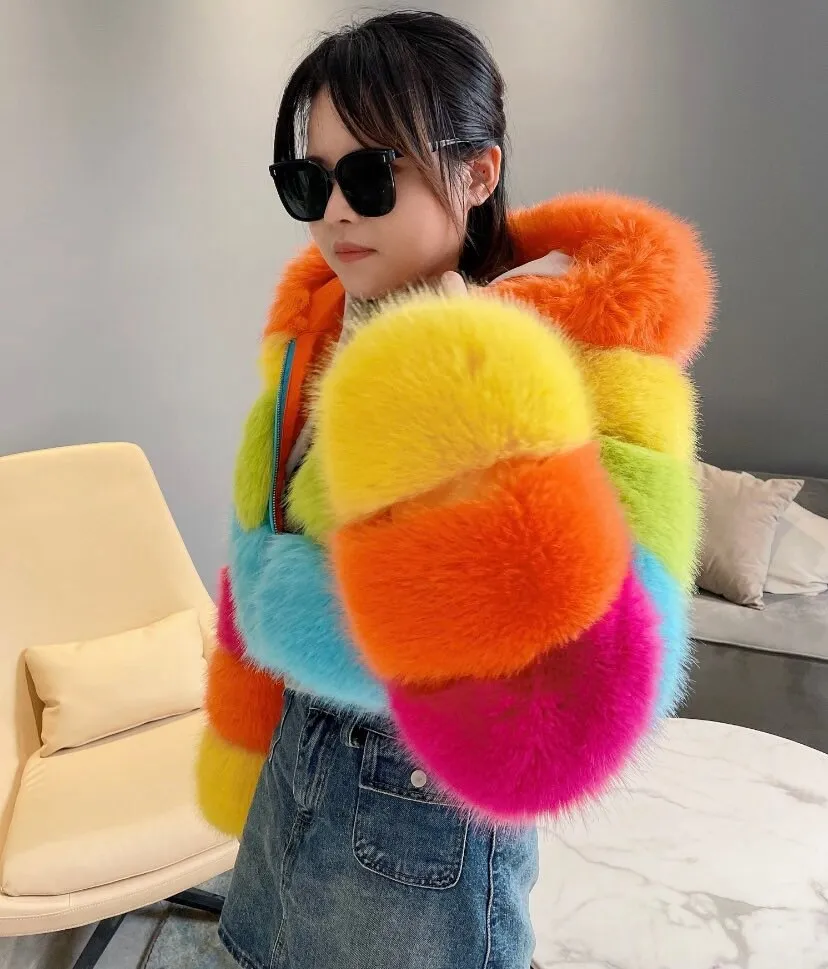 Rainbow Multicolour Cropped Hooded Faux Fur Jacket